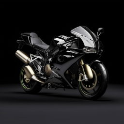 A superior sports bike rendered in high detail, its glossy finish reflecting light, standing alone against a studio background.