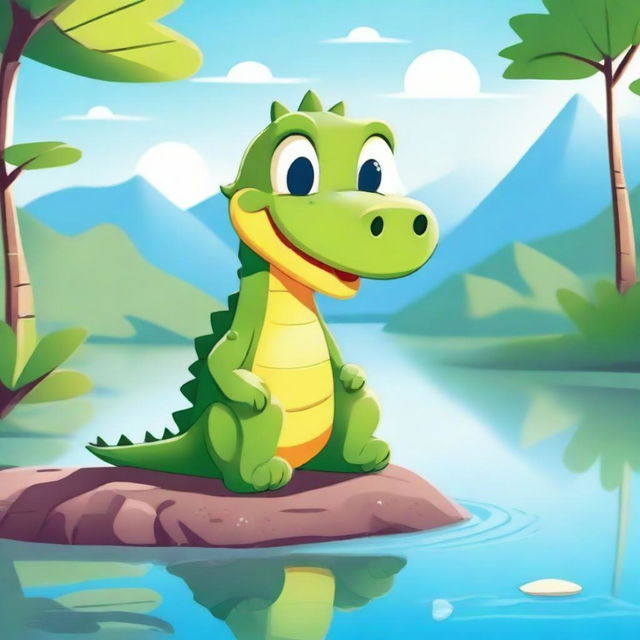 A high-quality 2D illustration featuring a charming comic-style baby crocodile