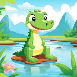 A high-quality 2D illustration featuring a charming comic-style baby crocodile