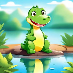 A high-quality 2D illustration featuring a charming comic-style baby crocodile