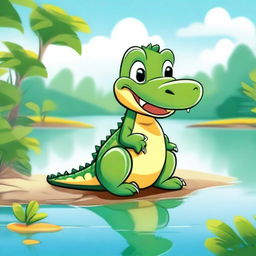 A high-quality 2D illustration featuring a charming comic-style baby crocodile