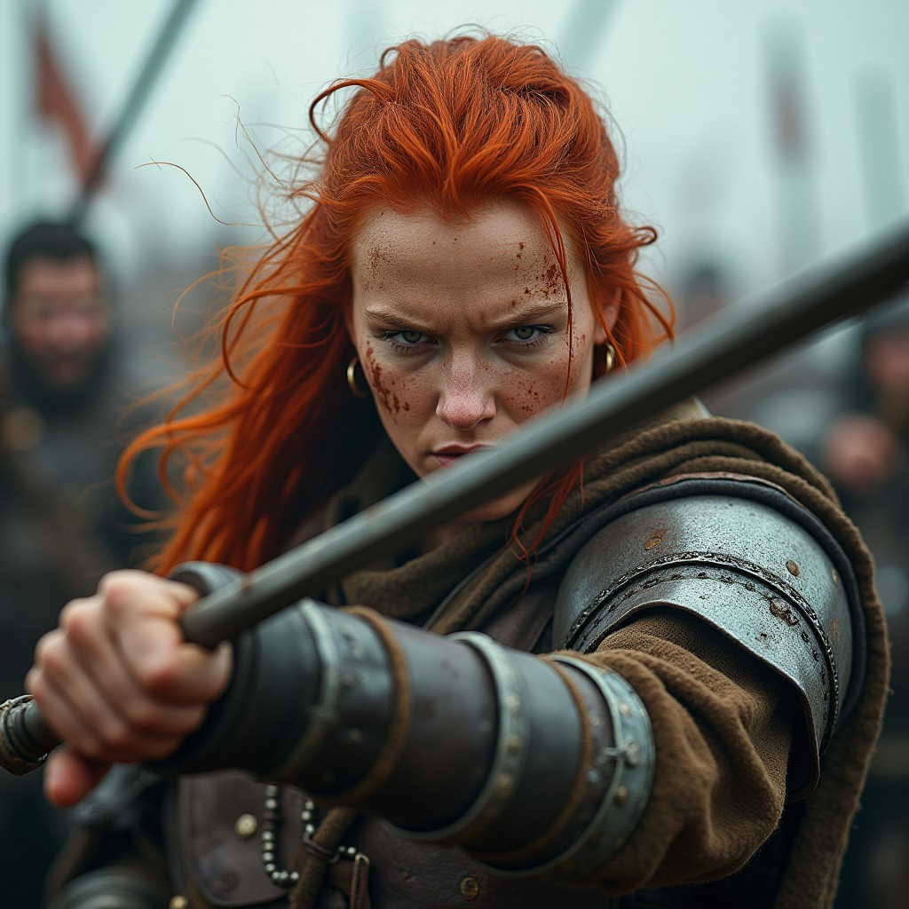 A fierce female Viking warrior with striking red hair, wielding a sword as she engages in battle