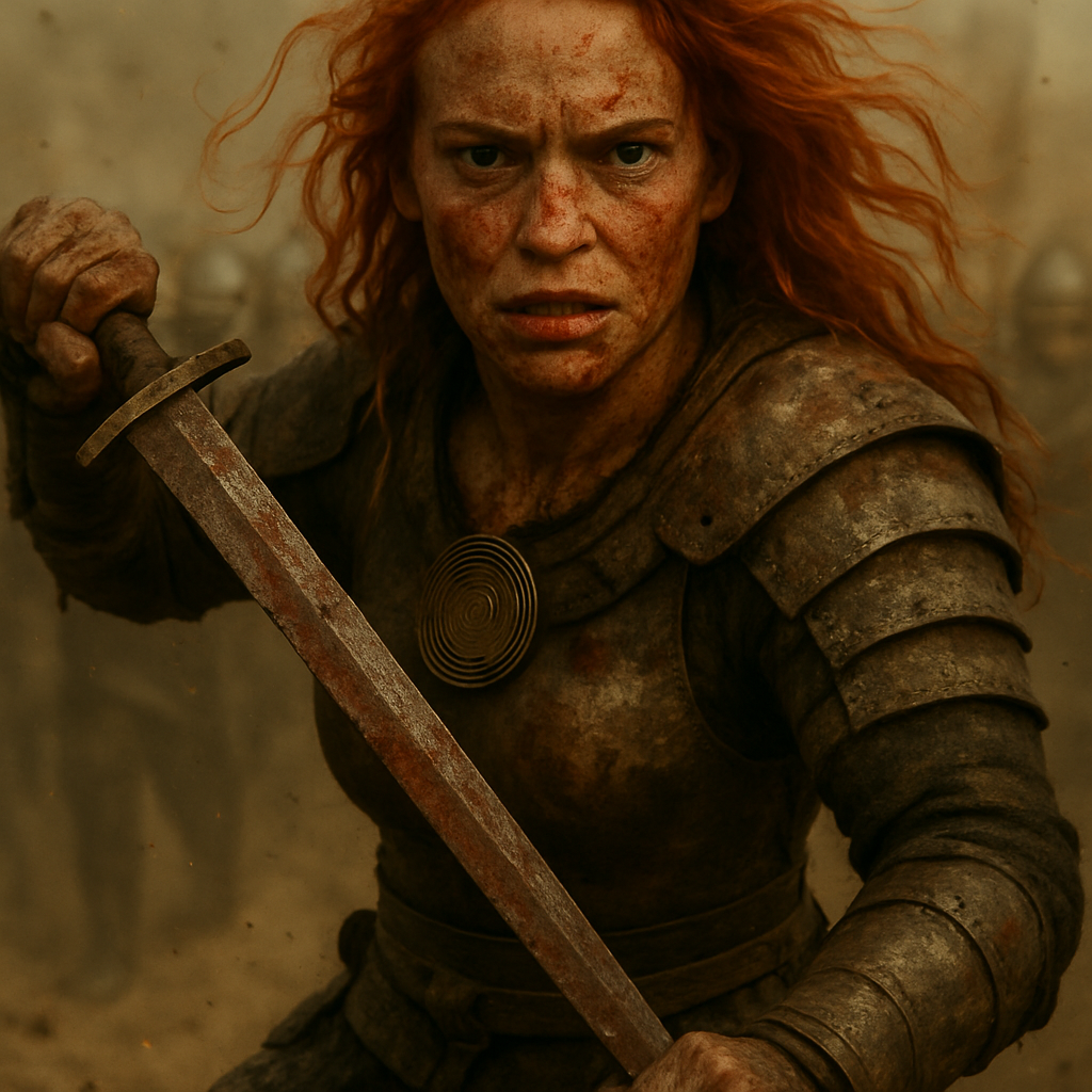 A fierce female Viking warrior with striking red hair, gripping a sword in one hand and an axe in the other, depicted in the middle of an intense battle
