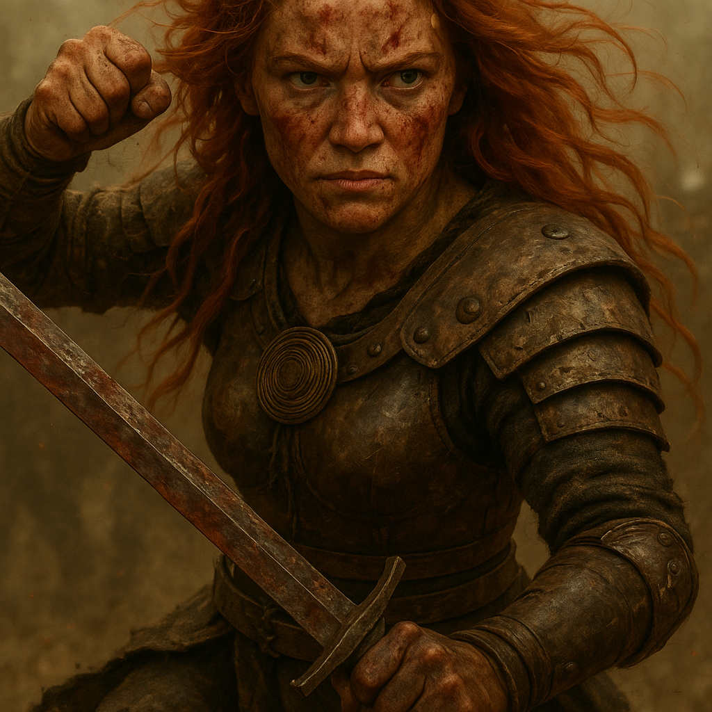 A fierce female Viking warrior with striking red hair, wielding a sword in a dynamic battle stance