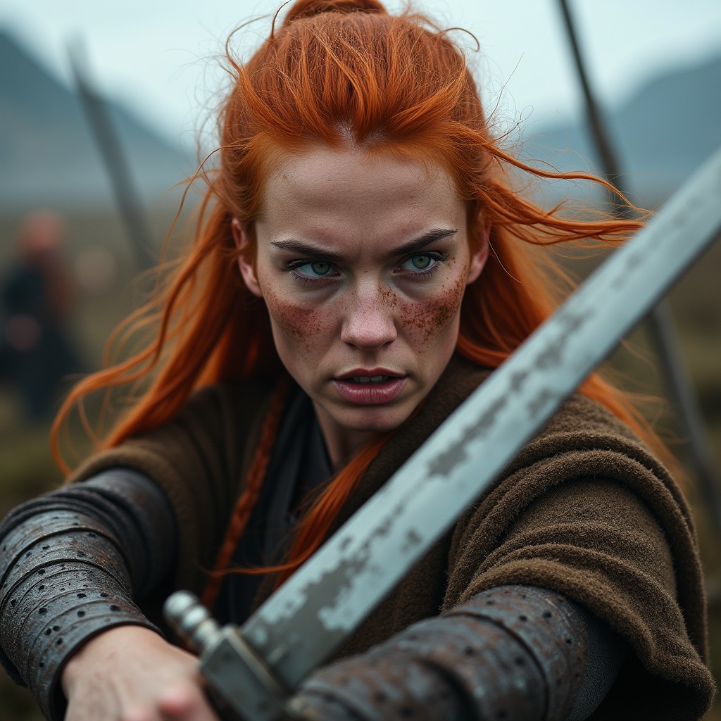 A fierce female Viking warrior in the midst of battle, wielding a sword with a determined expression