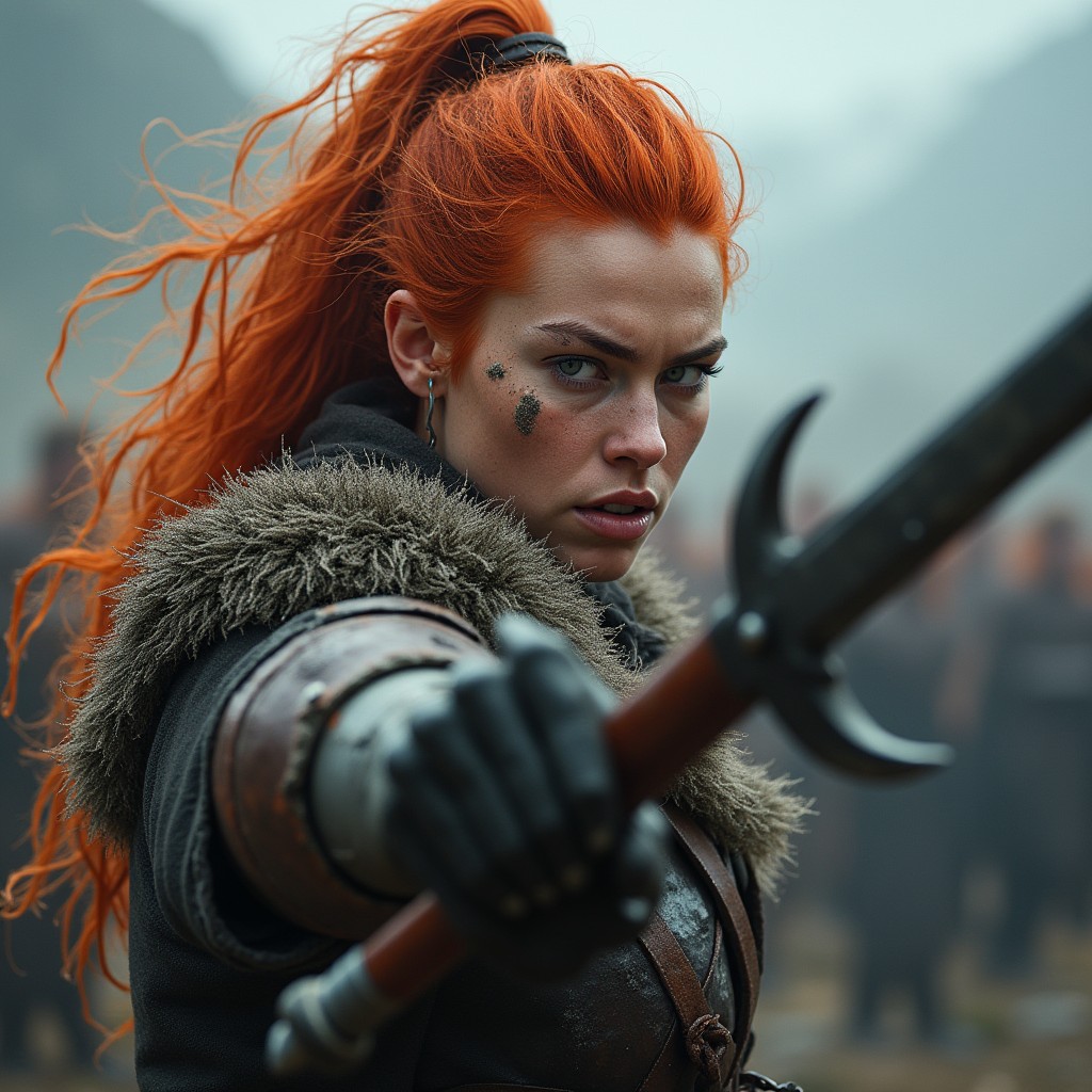 A highly realistic portrayal of a fierce female Viking warrior engaged in battle, brandishing a sword with intensity