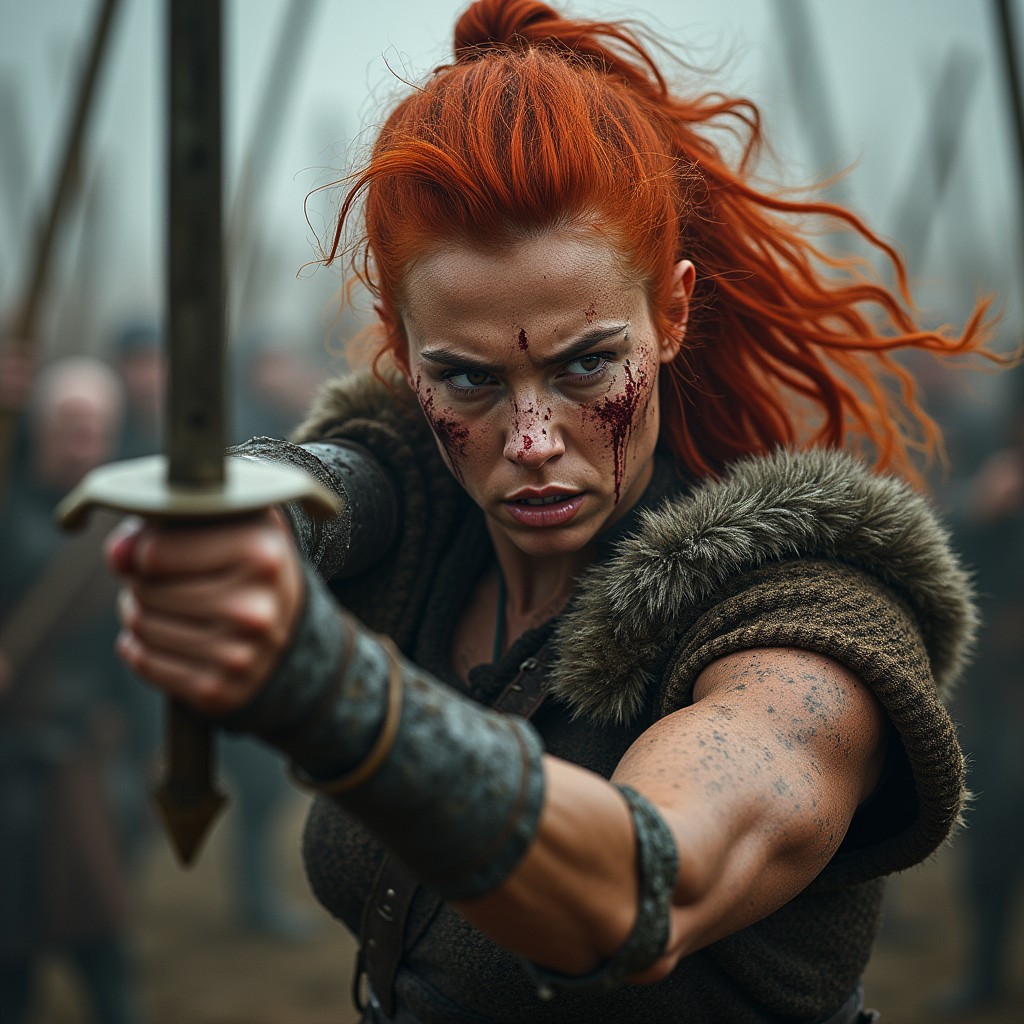 A female Viking warrior in an intense battle stance, wielding a sword with fierce determination