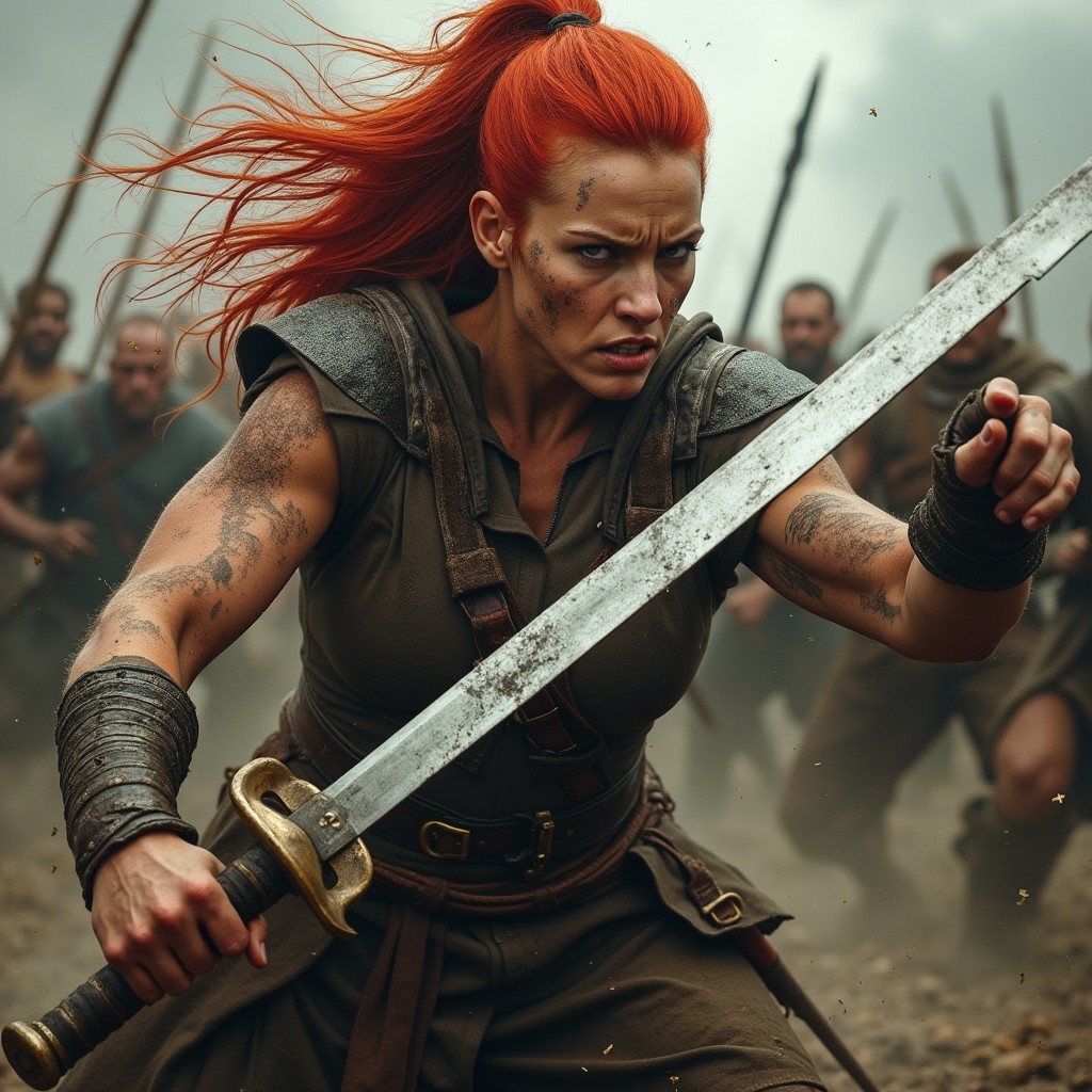 A female Viking warrior in an intense combat scene, brandishing a sword with fierce determination