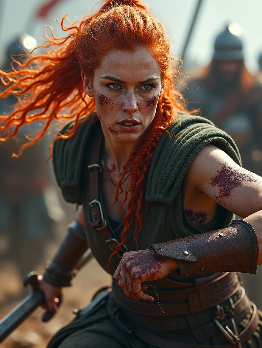 A fierce female Viking warrior caught in the heat of battle, gripping a sword tightly in one hand