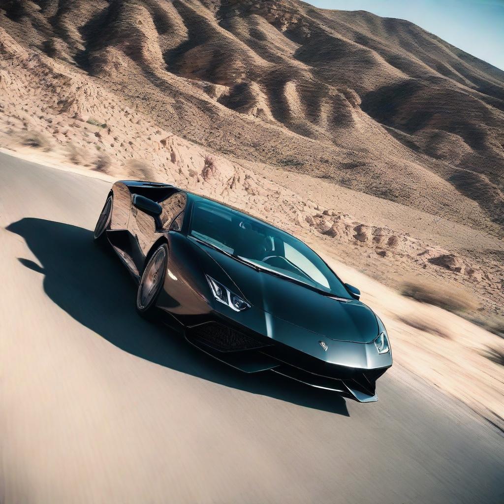 A front-view image of a black Lamborghini streaking down a mountainous desert road at high speed