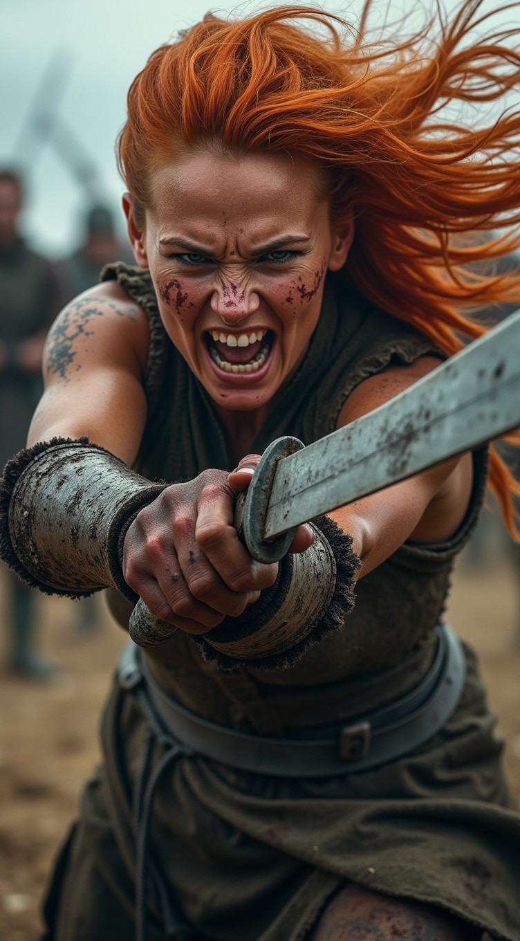 A fierce female Viking warrior engaged in an epic battle, wielding a sword with great intensity