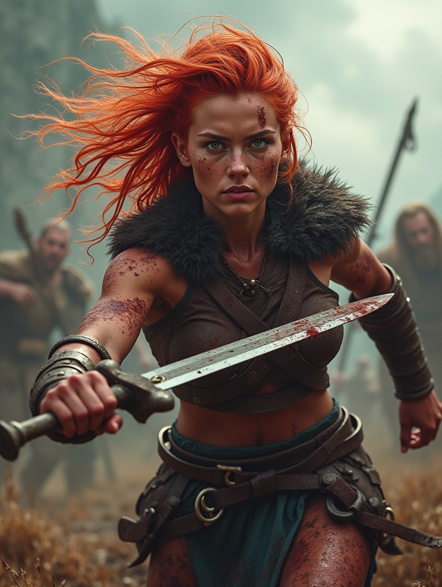 A fierce female Viking warrior caught in an intense fight, brandishing her sword with determination