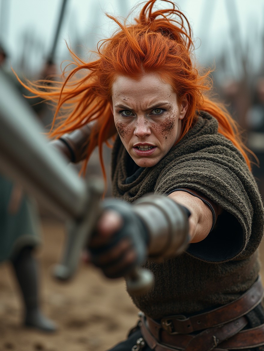 A fierce-looking female Viking warrior engaged in combat, brandishing a sword with confidence