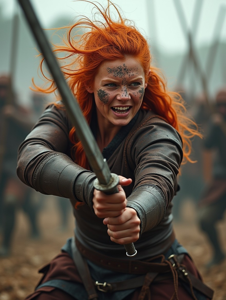 A striking female Viking warrior in the midst of battle, fiercely wielding her sword with determination