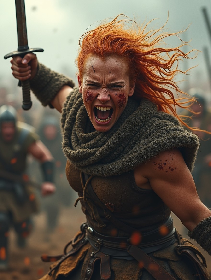 A fierce female Viking warrior engaged in a battle, screaming with fierce intensity as she wields a sword in one hand