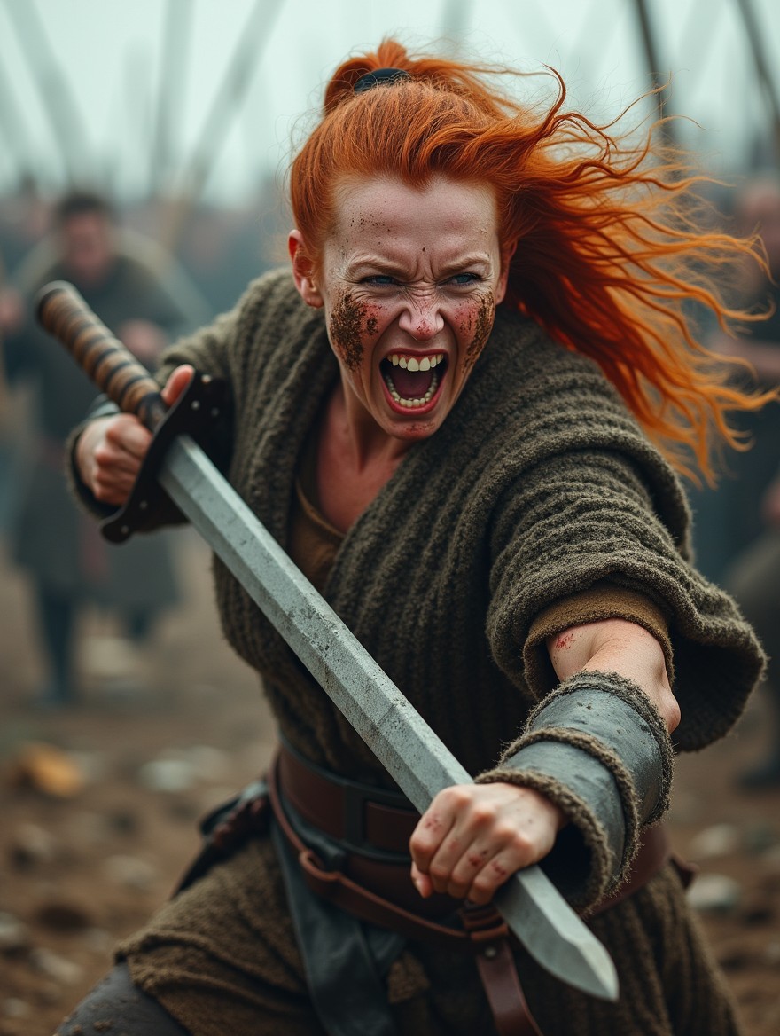 A fierce female Viking warrior in the midst of battle, wielding a sword with a fierce look of determination on her face