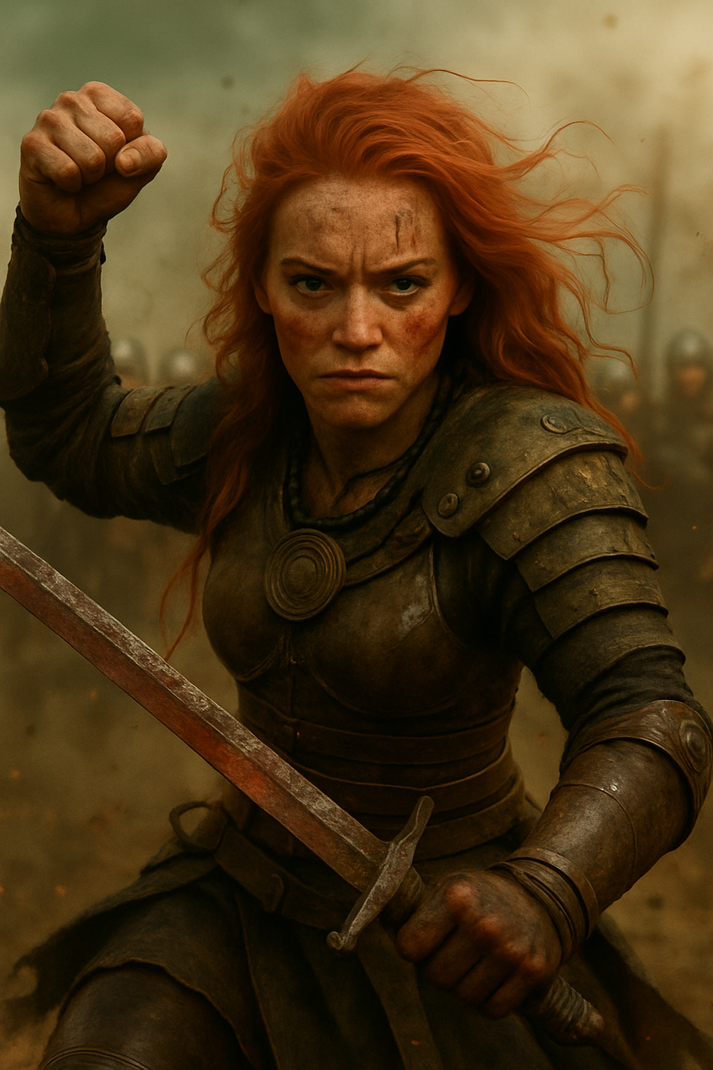A fierce female Viking warrior with striking white hair, holding an axe in one hand and a sword in the other, while her fist is clenched in determination