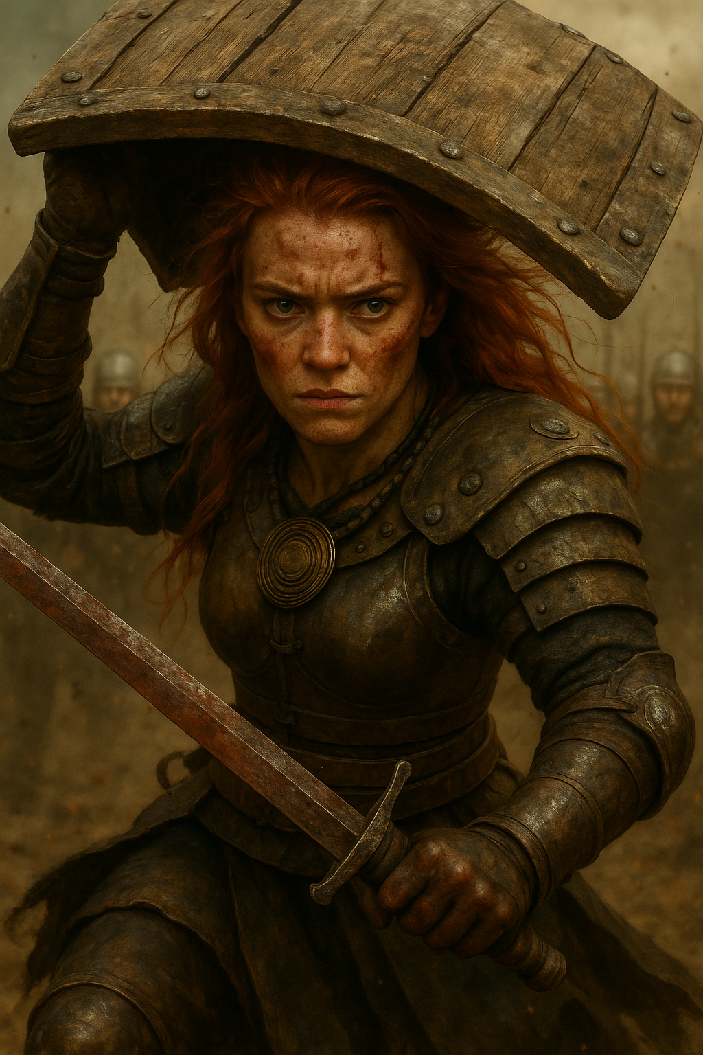 A fierce female Viking warrior with striking red hair, wielding an axe in one hand and a sword in the other, engaged in battle while seeking shelter behind a rocky outcropping