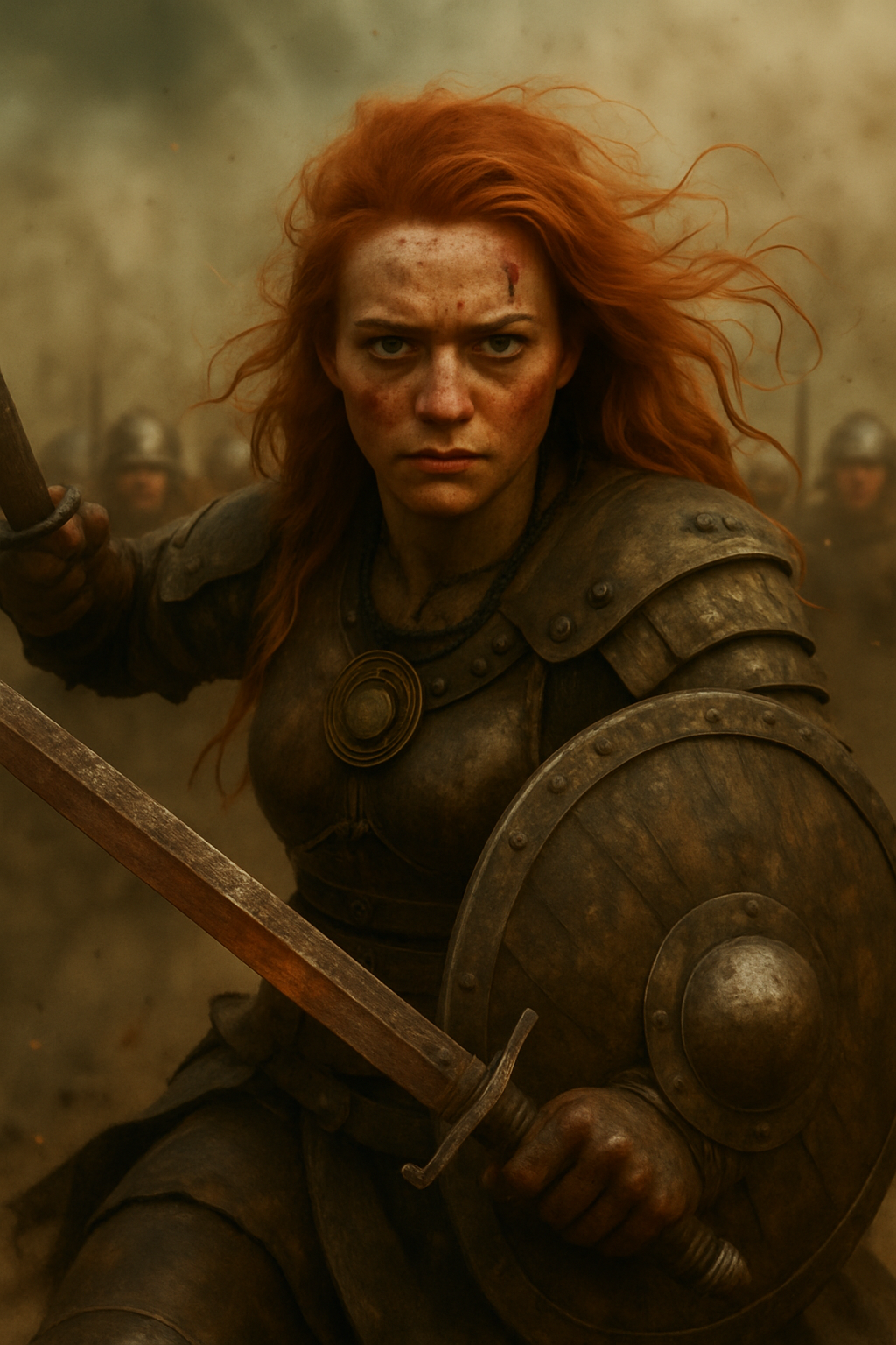 A young, fierce female Viking warrior with striking red hair, actively engaged in battle while wielding an axe and a sword, and also holding a shield