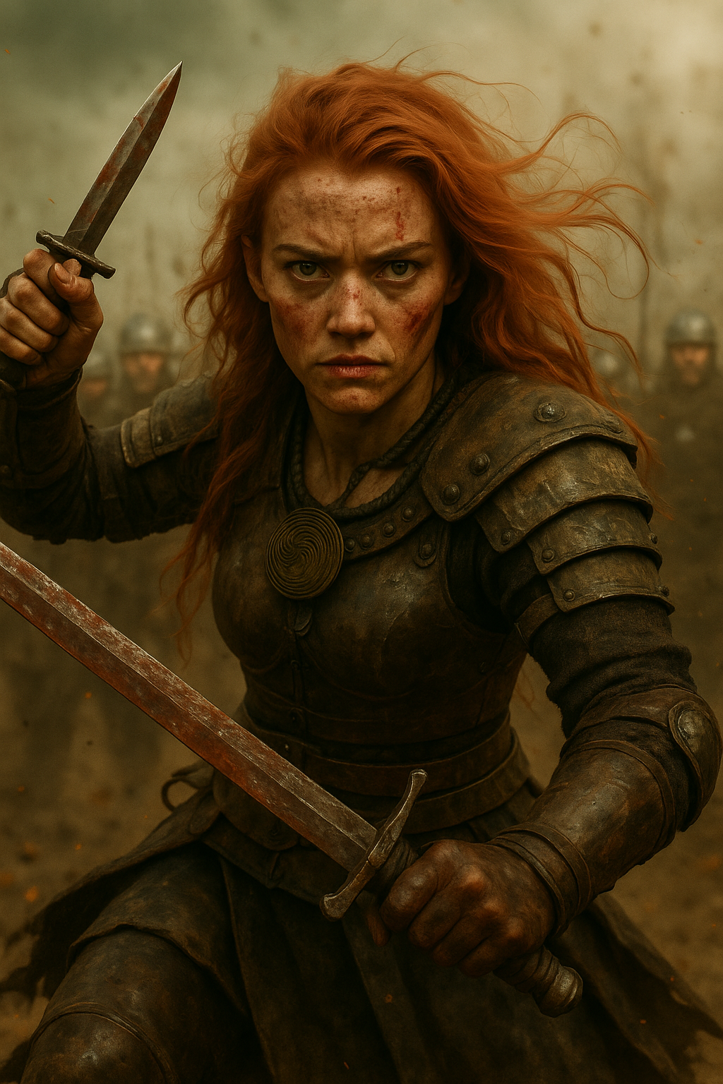 A fierce female Viking warrior with striking red hair, brandishing a large axe in one hand and a dagger in the other, poised for battle