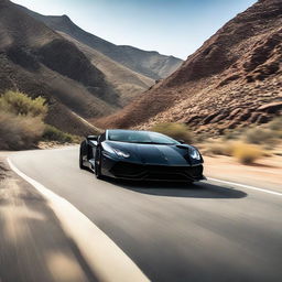 A front-view image of a black Lamborghini streaking down a mountainous desert road at high speed