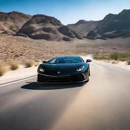 A front-view image of a black Lamborghini streaking down a mountainous desert road at high speed