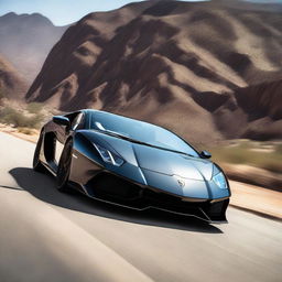 A front-view image of a black Lamborghini streaking down a mountainous desert road at high speed