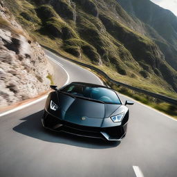 A high speed black Lamborghini racing down a mountain, viewed from the front.