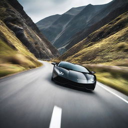 A high speed black Lamborghini racing down a mountain, viewed from the front.