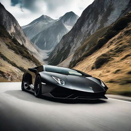 A high speed black Lamborghini racing down a mountain, viewed from the front.