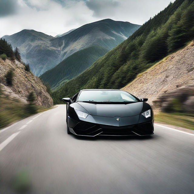 A high speed black Lamborghini racing down a mountain, viewed from the front.