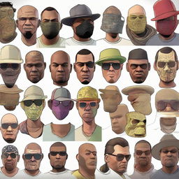 An array of distinctive and colorful player masks as seen in the popular video game, Grand Theft Auto V