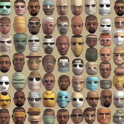 An array of distinctive and colorful player masks as seen in the popular video game, Grand Theft Auto V