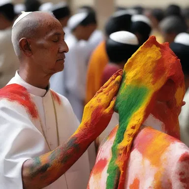 During the religious ceremony, the priest used paints of different shades for mottling the holy symbols.