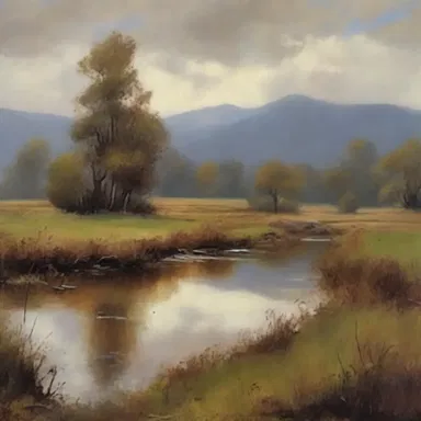 The artist used mottling technique to create depth and texture in the landscape painting.