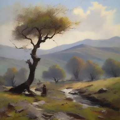 The artist used mottling technique to create depth and texture in the landscape painting.