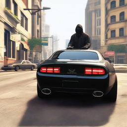 A black GTA5 car with a distinctive mask hanging from its rear view mirror, imparting a mysterious aura