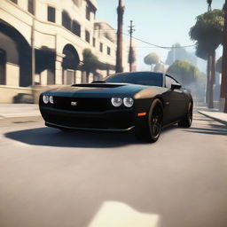 A black GTA5 car with a distinctive mask hanging from its rear view mirror, imparting a mysterious aura