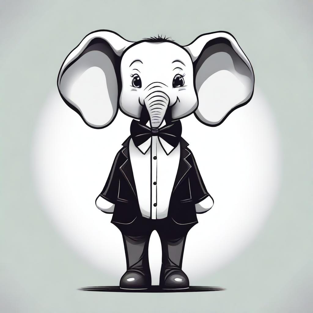 A 2D illustration of a sad, anthropomorphized baby elephant standing on its hind legs