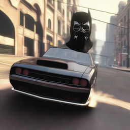 A black GTA5 car with a distinctive mask hanging from its rear view mirror, imparting a mysterious aura