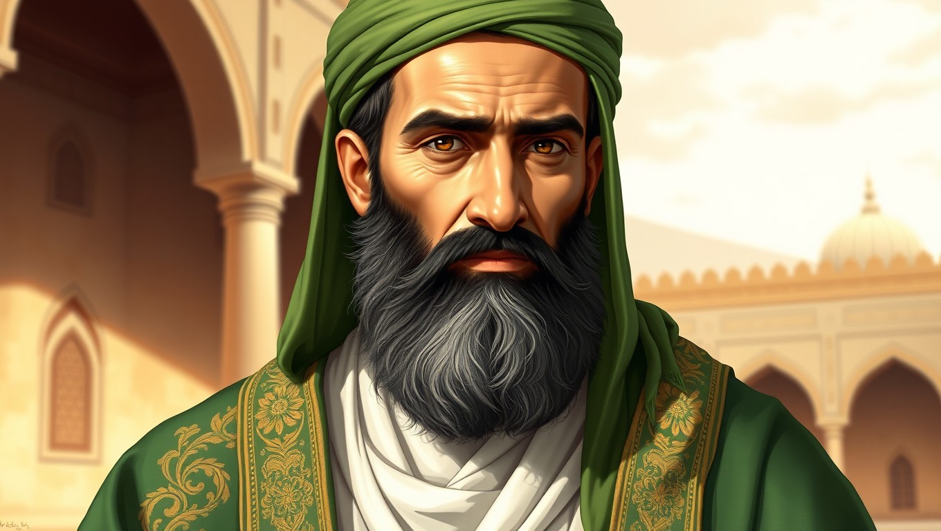 A highly detailed and realistic portrait of Imam Ali ibn Abi Talib, inspired by traditional depictions found online