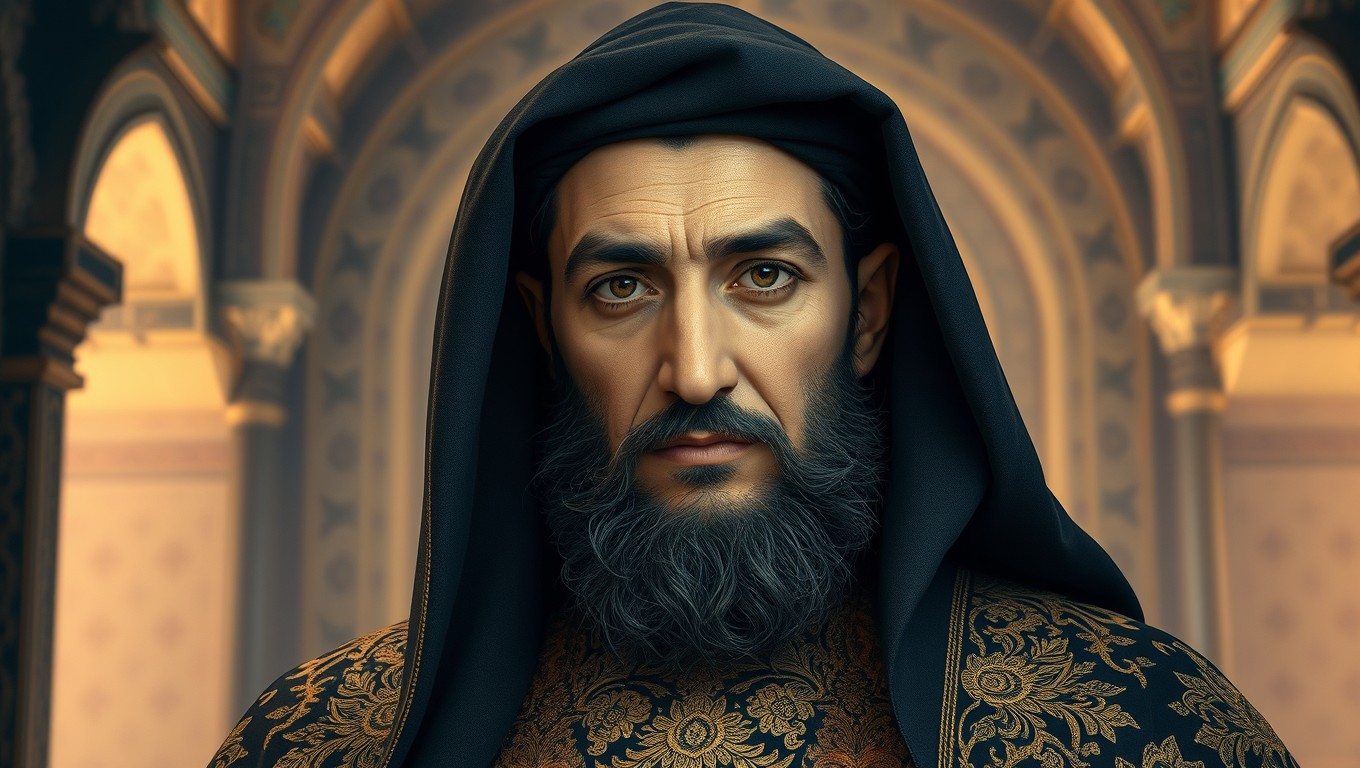 A highly detailed and realistic portrait of Caliph Al-Muqtafi Billah, depicting him as a dignified Middle-Eastern man of the 9th century during the Abbasid Caliphate
