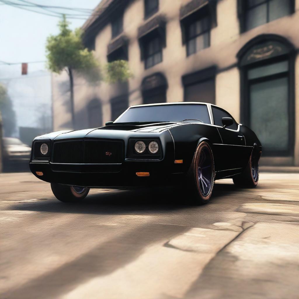 A black GTA5 car with a distinctive mask hanging from its rear view mirror, imparting a mysterious aura