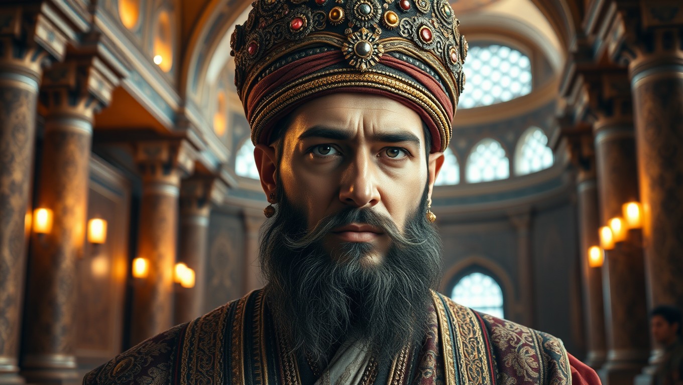 A highly detailed and realistic portrait of Fatimid Caliph Al-Hafiz, depicted as a distinguished Middle-Eastern man from the 11th century