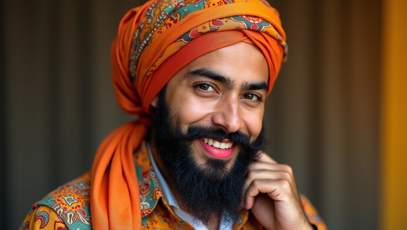 A striking portrait of a bearded man confidently wearing a colorful hijab and vibrant lipstick