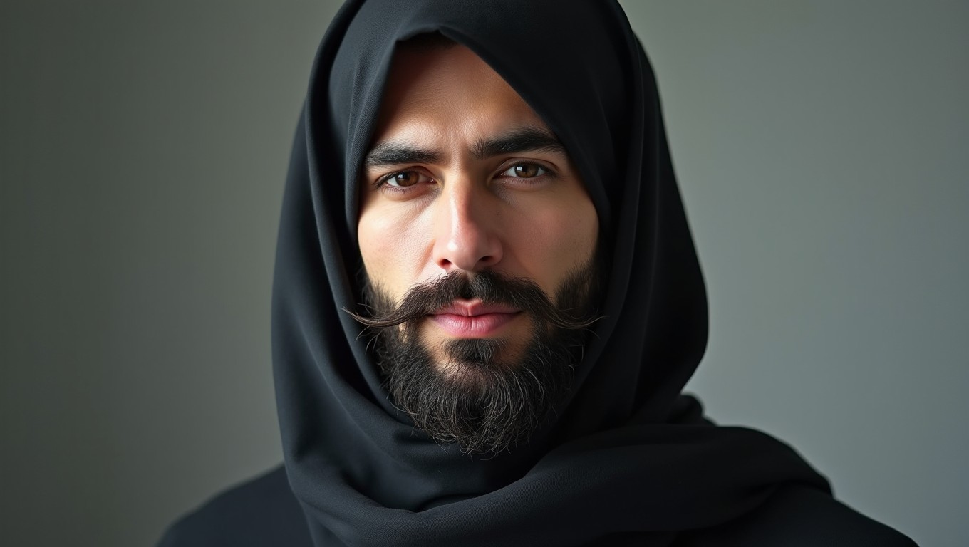 A stylish portrait of a bearded man wearing a hijab, with the hijab elegantly draping at the front, reflecting the traditional styles commonly associated with strict Muslim women