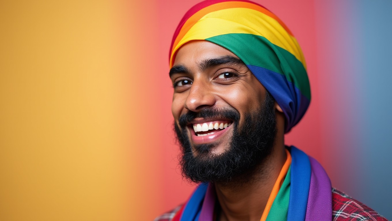 A vibrant and expressive portrait of a bearded man wearing a hijab that features the colors of the pride flag