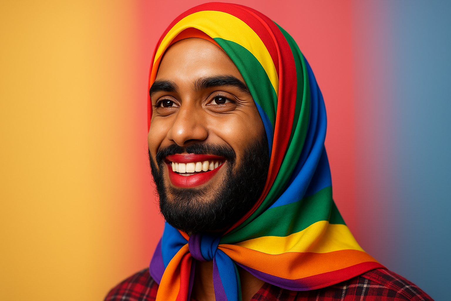 Make the same photo but the scarf or hijab needs to be tied at the front like a traditional hijab. Make sure he is wearing lipstick.