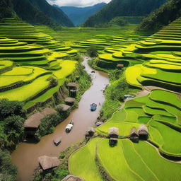 A picturesque scene of the Philippines showcasing its diverse landscapes, from the bustling metropolis of Manila to the serene beaches of Palawan, and the iconic terraced rice fields of Ifugao.