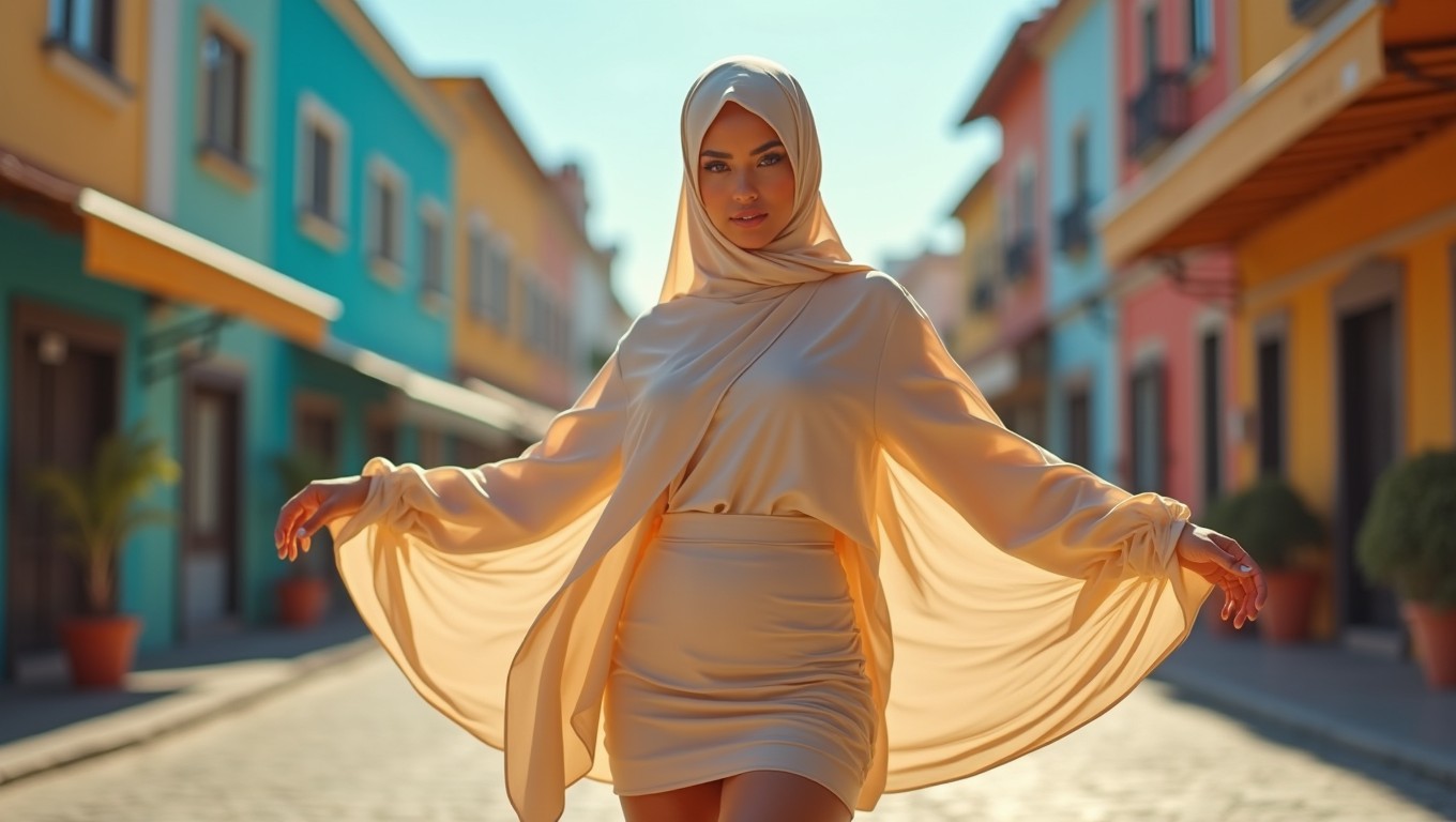 A striking artistic portrayal of a gorgeous woman elegantly dressed in a stylish miniskirt while wearing a fashionable burka